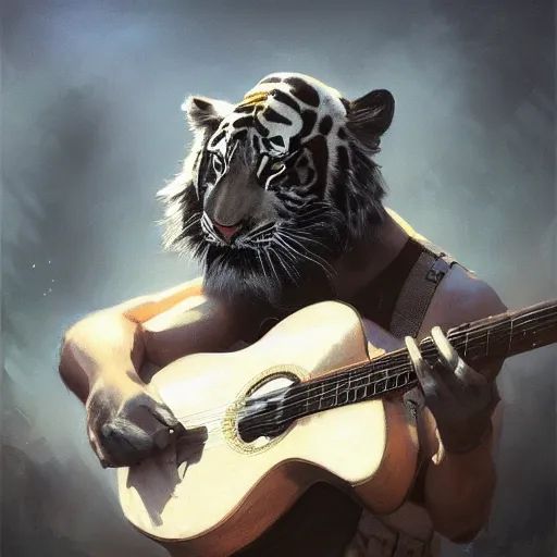 Image similar to a award winning commission portrait of a fit anthro black tiger aying a guitar,digital art,art by greg rutkowski,character design by charles bowater,detailed face,hyperdetailed,photorealistic,artstation,deviantart,4k,western comic art,sharp,high definition,peacful,calm,relaxing