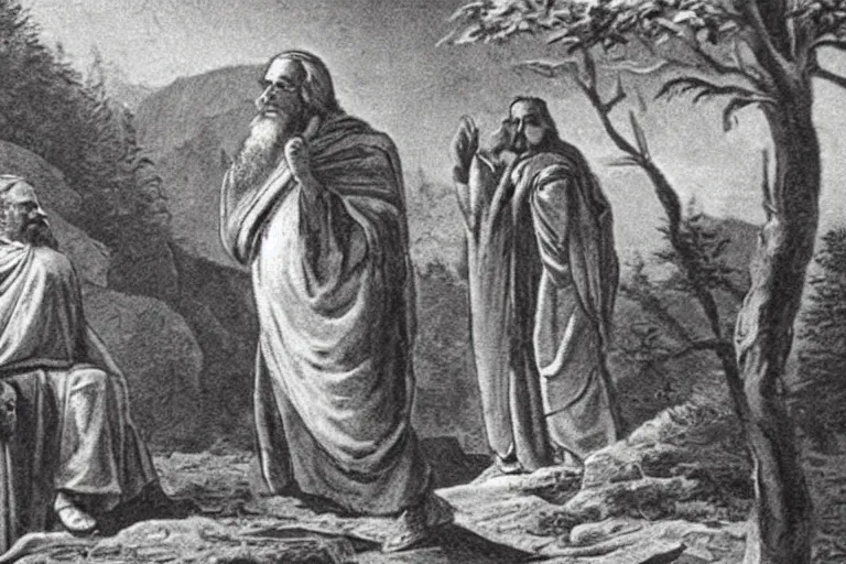 Prompt: old photograph of moses talking with burning bush