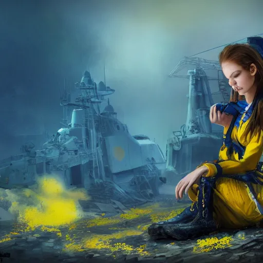 Image similar to ukrainian girl with blue and yellow clothes near big ruined warship, concept art, trending on artstation, highly detailed, intricate, sharp focus, digital art, 8 k