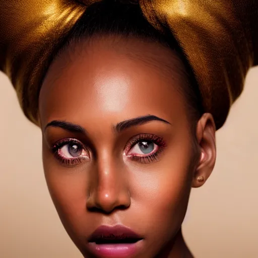 Image similar to intricate beautiful portrait of a cute thin young black woman, hair in a ponytail, very detailed emerald green eyes, red blush, casual clothes, relaxing on the couch, home interior, golden hour, close up shot, 8 k, hyperreal art by irakli nadar, hyperrealism, hyperdetailed, ultra realistic