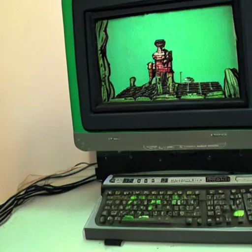 Image similar to playing a computer game on an old black and green screen monitor in 1 9 8 5, ultima 4 adventure game