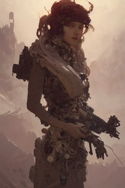 Prompt: A full portrait of a beautiful post apocalyptic offworld technomuse, intricate, elegant, highly detailed, digital painting, artstation, concept art, smooth, sharp focus, illustration, art by Krenz Cushart and Artem Demura and alphonse mucha