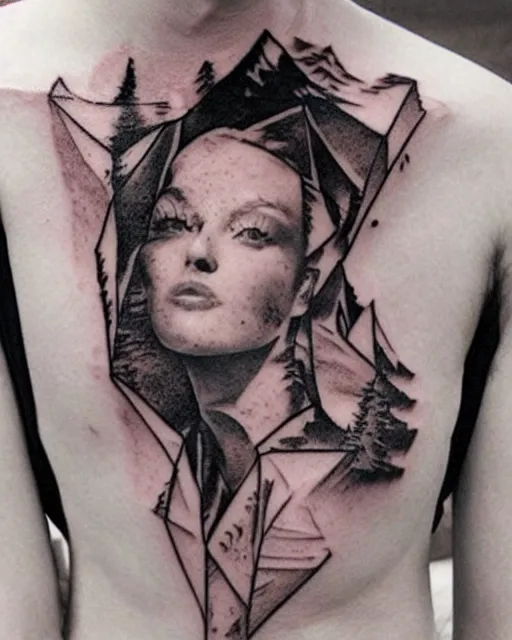 Image similar to creative double exposure effect tattoo design sketch of amber head faded with beautiful mountain scenery, realism tattoo, in the style of matteo pasqualin, amazing detail, sharp