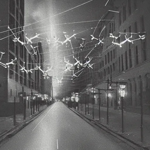 Image similar to grainy 1800s photo of a city street with flying drones and electricity sparking above