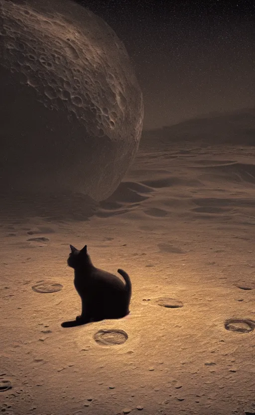 Prompt: a cat sitting on the surface of the moon, Photo, 4k,octane render, photorealism, concept art, deviant art, cyberpunk, bladerunner High definition, ultra realistic, 35mm