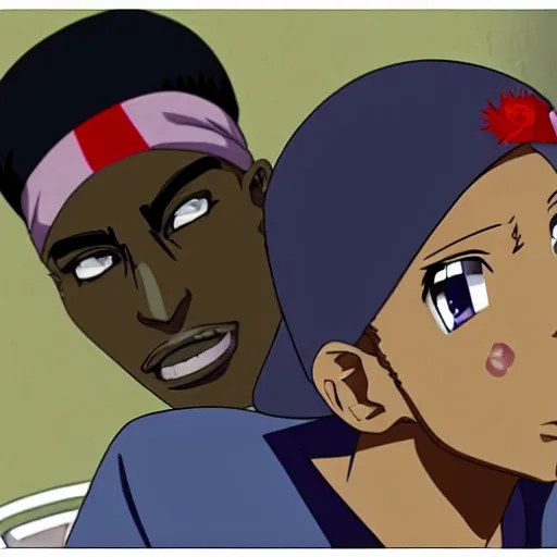 Image similar to Tupac Shakur, screenshot from a 2012s anime