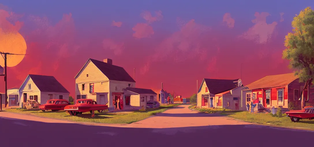 Image similar to concept art a small rural town in middle America in the 1960s, detailed, Americana, golden hour