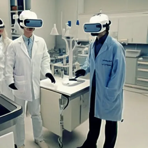 Image similar to a 2004 film still of a cat wearing a VR helmet, two people in lab coats standing behind the cat, one person has a clipboard, lab equipment in the background