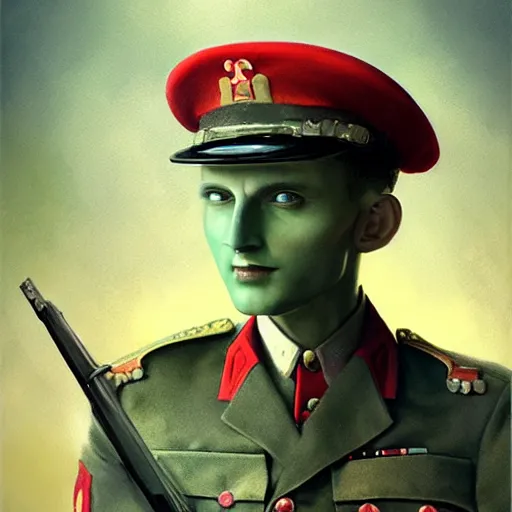 Image similar to gorgeous happy devil in military uniform by tom bagshaw, by beeple, soft lighting, solid background,