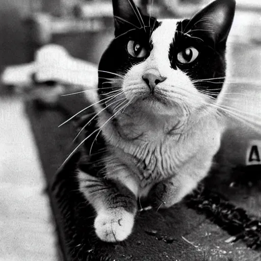 Image similar to Close up of a cat wearing John cena clothes in the Raw arena, ww2 historical photography, black & white
