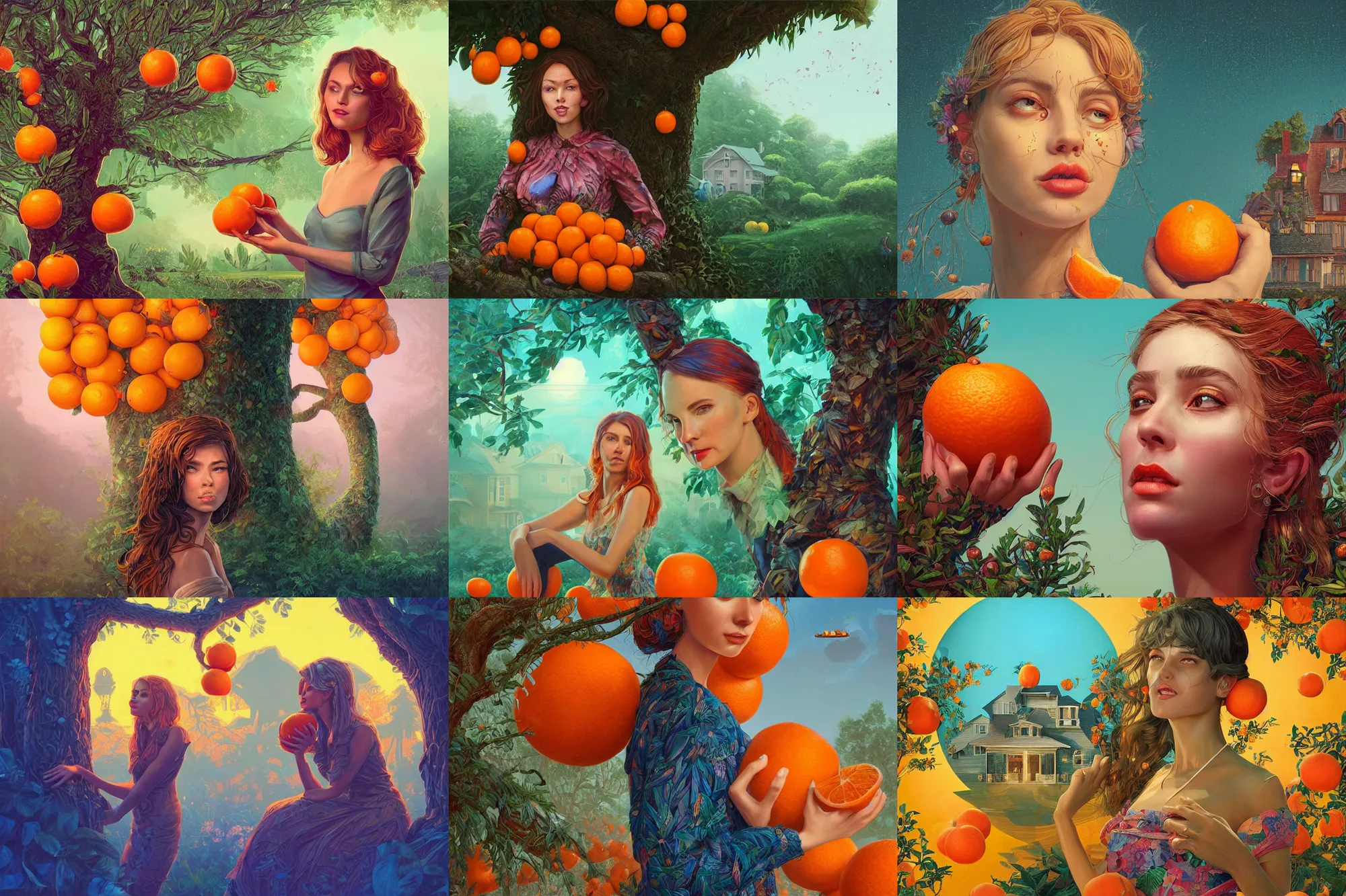 Prompt: portrait of a beautiful woman with oranges, house on tree, detailed illustration, digital art, overdetailed art, concept art, highly saturated colors, detailed illustration, hd, 4 k, digital art, cgsociety and beeple highly detailed, cinematic lighting, illustration, art, very coherent. high detail, dan mumford, greg, rutkowski, trending on artstation