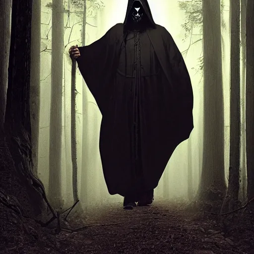 Image similar to portrait of a man in a long flowing hooded cloak and a skull mask on a path of a dark forest, ray traced lighting by Gerald Brom and Norman Rockwell