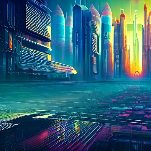 Image similar to matte painting of the sacred geometry of cyberpunk, brilliant colors, extremely detailed, very very detailed, in the style of alena aenami by Alex grey, HD, 4k, 8k