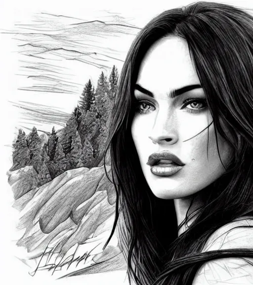 Image similar to tattoo design sketch of megan fox face against a background of beautiful mountains and nature, hyper - realistic, in the style of den yakovlev, amazing detail, black and white