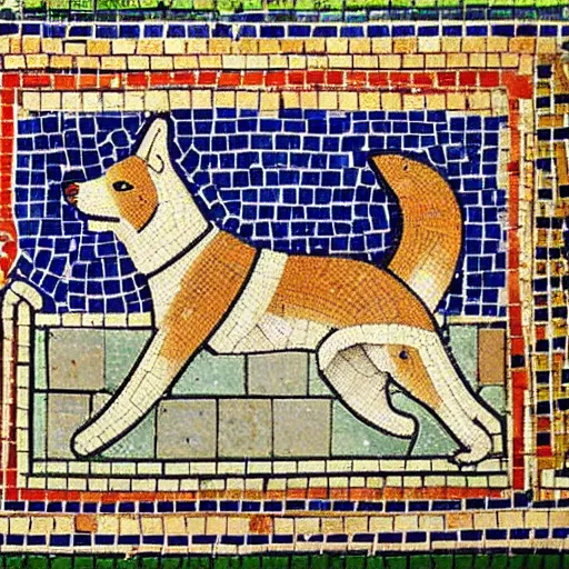 Prompt: an ancient roman tile mosaic depicting a shiba inu in a bath, a detailed masterpiece