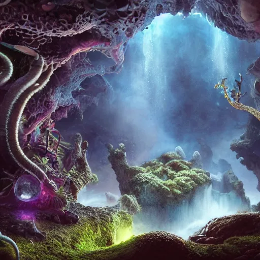 Prompt: tom bagshaw, mythical gigantic space cavern, ultra realist 3 d render curiosities carnival pond vegetation rocks mushrooms and tentacles covered moss, luminescent wisps, stunning waterfall, accurate features, focus, very intricate ultrafine details, random volumetric lighting, fog, award winning masterpiece, octane render 8 k hd, artstation