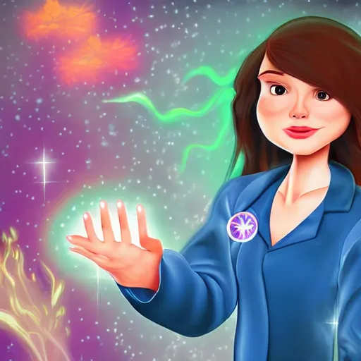 Prompt: stern looking beautiful girl in a labcoat, casting a magic spell, disney style, digital art,