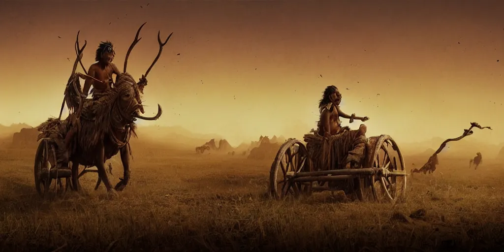 Image similar to photorealistic photo of an ancient indian tribesman on ancient atv with big wooden wheels, hunting panicked buffalo herd ,attacking, wild chase, action scene, an epic fantasy, dramatic lighting, cinematic, establishing shot, extremely high detail, photorealistic, cinematic lighting, artstation, octane render, by simon stalenhag, horizon forbidden west,old photo, high speed photography, vintage, extreme sports