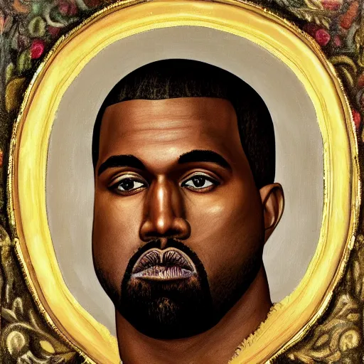 Image similar to a renaissance style portrait painting of kanye west wearing a crown