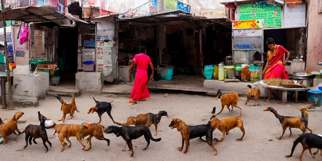 Prompt: indian street food vendor making food for customers while stray dogs eagerly await their turn