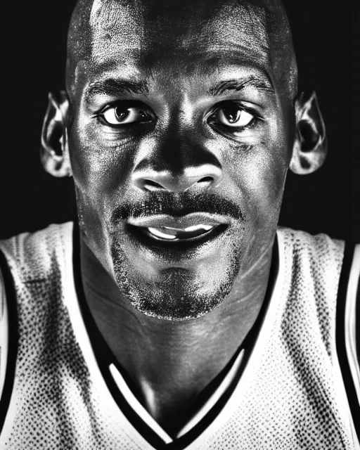 Image similar to photograph of michael jordan in a chicago bulls uniform, in the styles of cameron look, andrew bernstein, and ansel adams. monochrome hdr, intense face, accurate facial details