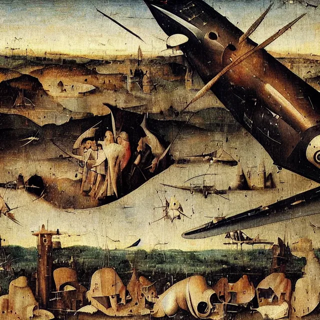 Image similar to a painting from 1 4 9 0 of a jet airplane by hieronymus bosch