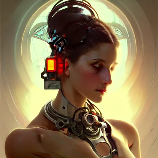 Image similar to portrait of beautiful girl with robot body by artgerm and greg rutkowski and alphonse mucha, close up, portrait, cinematic, elegant, artstation, intricate, highly detailed, digital painting, artstation, concept art, sharp focus, illustration, cyberpunk, cgsociety, 8 k