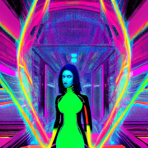 Prompt: long Shot of psychedelic Black widow standing in mysterious chromatic astral temple , stylish, lsd, soft, cinematic, artwork by Wong, Liam