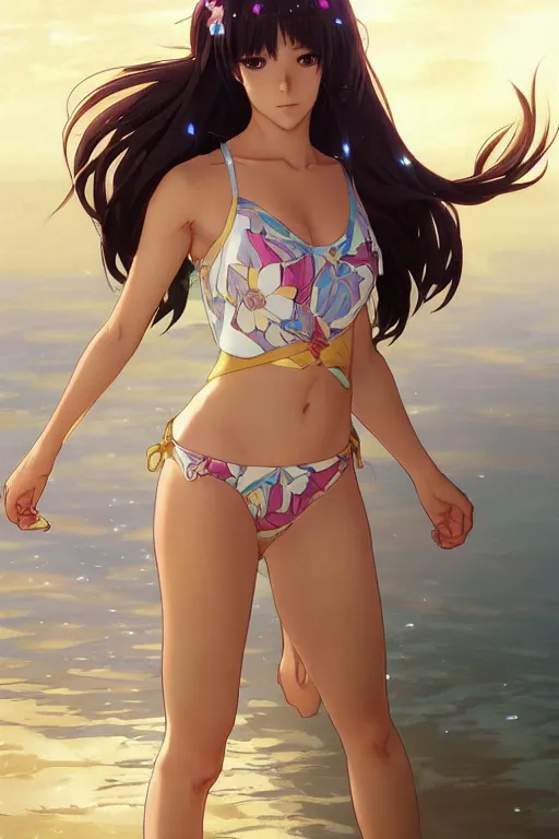 Image similar to anime key visual of a beautiful young female in a swimsuit, stunning, highly detailed, digital painting, artstation, smooth, hard focus, illustration, art by artgerm and greg rutkowski and alphonse mucha