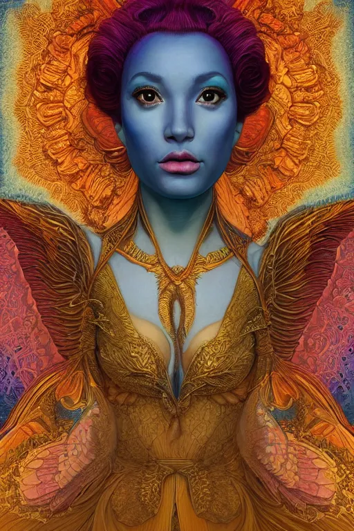 Prompt: full body portrait of an eleven queen with lace wings by artgerm, mandala, rococo, vivid color, complementary color, golden ratio, detailed, sharp lines, sharp focus, intricate, rainbowshift, by maxfield parrish, by peter mohrbacher, by gustave dore, by alphonse mucha, deviantart, octane render