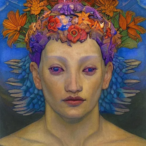 Image similar to the dawn crown, by Annie Swynnerton and Nicholas Roerich and Diego Rivera, bioluminescent skin, tattoos, wings made out of flowers, elaborate costume, geometric ornament, symbolist, soft colors, smooth, sharp focus, extremely detailed