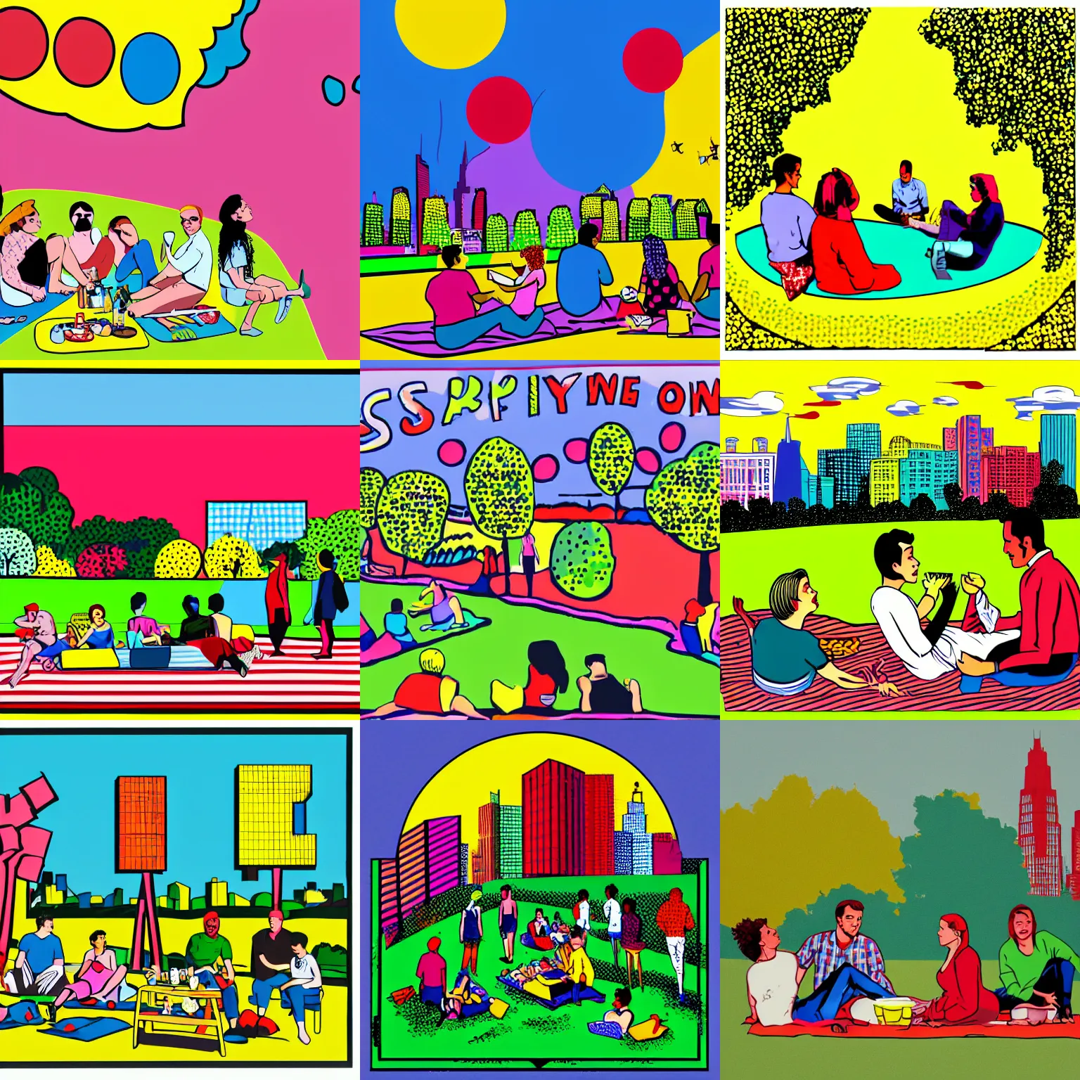 Prompt: people having a picnick in a city park on a clear day, in pop art style