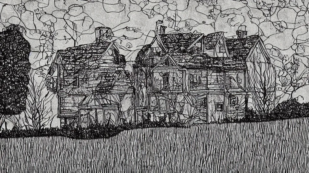 Prompt: a house in a field etching art style