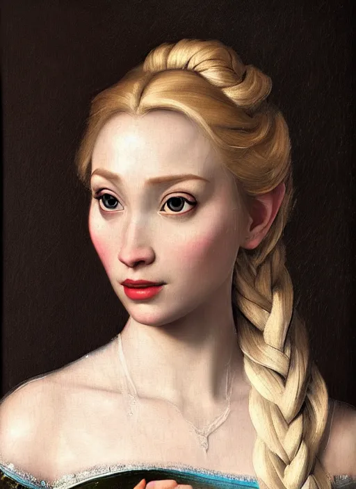 Image similar to a masterwork portrait of elsa from frozen in the style of a renaissance painting, insane detail, chiaroscuro oil painting, jan matejko, caravaggio, jan van eyck, trending on artstation, artgerm