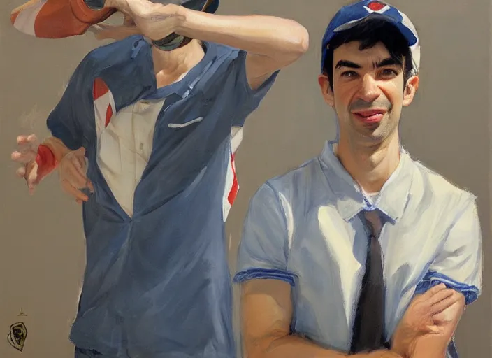 Prompt: a highly detailed beautiful portrait of nathan fielder as ash ketchum, by gregory manchess, james gurney, james jean