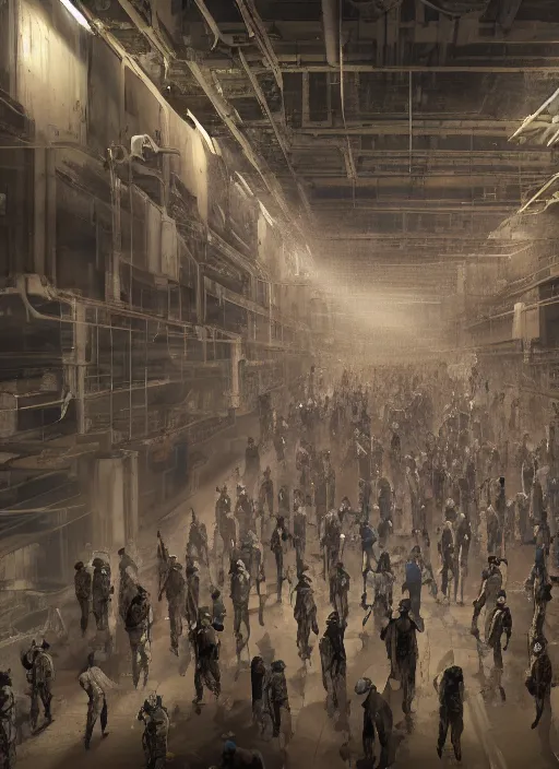 Prompt: a long queue of people standing in a huge underground dystopian factory, low camera angle, hyperdetailed, artstation, cgsociety, 8 k