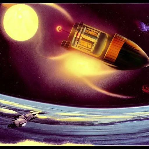 Image similar to Spaceship by the gravity well of a black hole, inspired by Chris Foss and Keith Parkinson