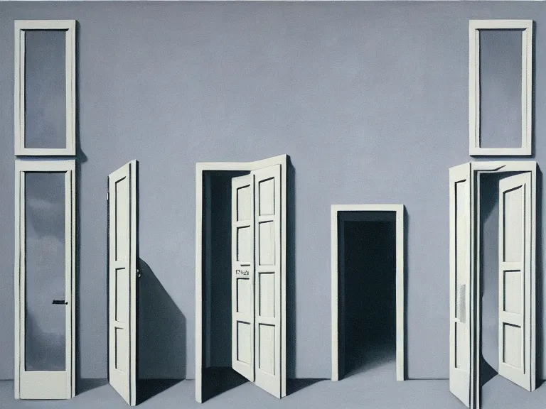 Image similar to endless buildings blending into doors painting by rene magritte, high detail, high resolution