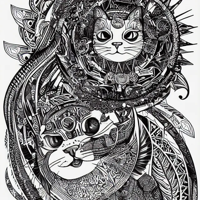 Prompt: tattoo sketch of a cat hugging the sun, on a canva, polynesian style, ornamental, line art, vector, industrial sci - fi, by mandy jurgens, ernst haeckel, james jean