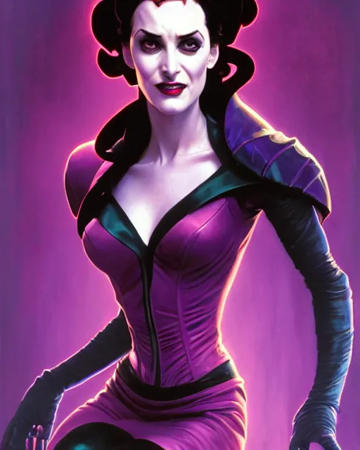 Image similar to winona ryder as scream queen, supervillain, villainess, pulp femme fatale, comic cover painting, masterpiece artstation. 8 k, sharp high quality artwork in style of wayne reynolds, alphonse mucha, greg rutkowski, and don bluth, concept art by jack kirby, blizzard warcraft artwork, hearthstone card game artwork