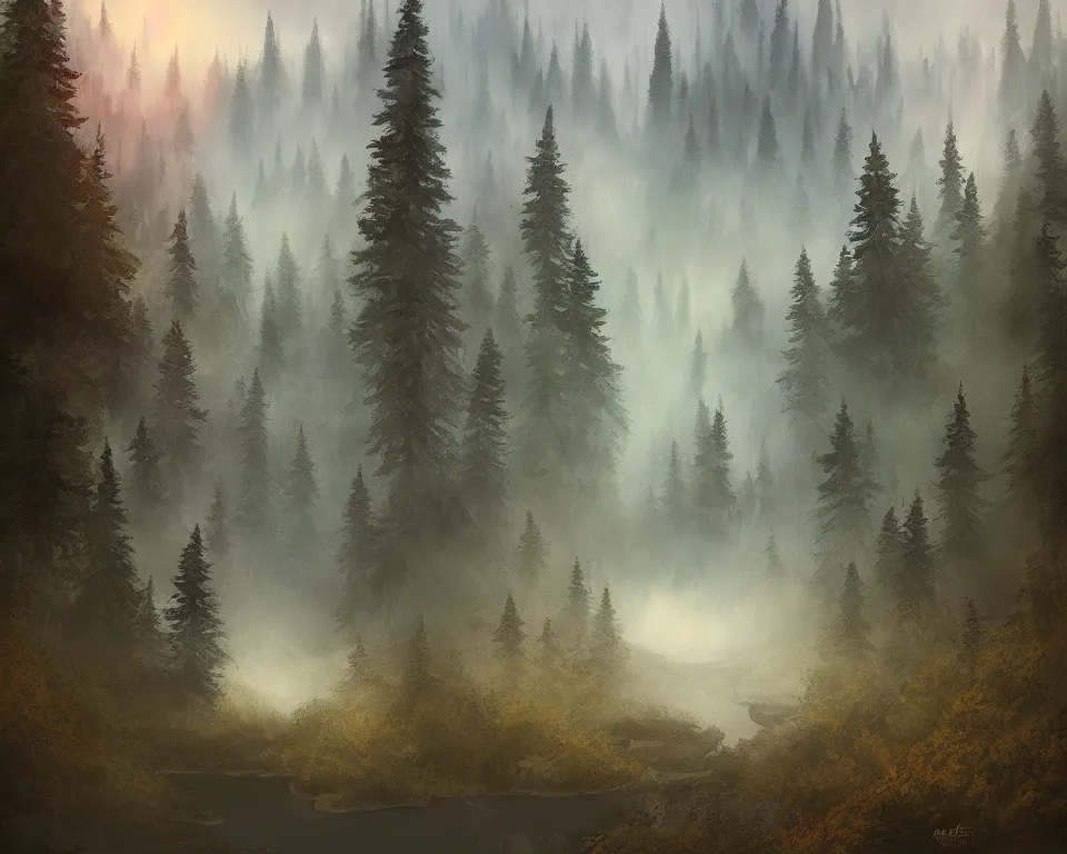 Prompt: beautiful evening landscape, mystery forest, mist, mountains, river, artstation, procreate, digital art, realistic style, digital painting