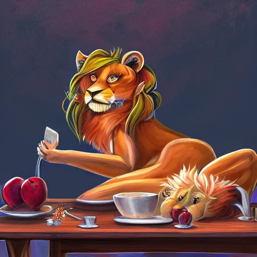 Prompt: a painting of an anthropomorphic lioness sitting at a table with apples, a character portrait by lois van baarle, trending on deviantart, furry art, speedpainting, furaffinity, tarot card, yoshitaka amano style