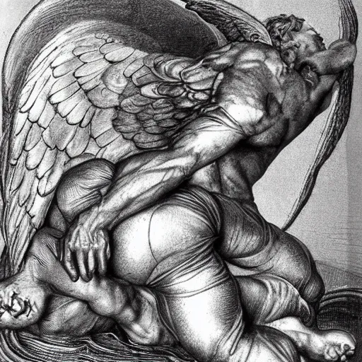 Prompt: icarus went to close to the sun and now is falling into the void, his wings are made of flesh, he doesn't know how to land but he has nine lives, his face is similar to that of an angel, drawing by hans bellmer, insanely detailed