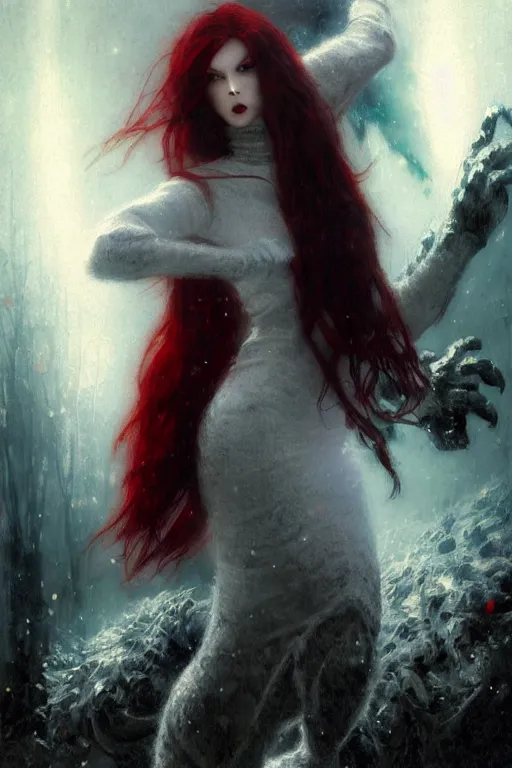 Prompt: beautiful vampire with red eyes and long red hair in a white woollen turtleneck dress, pointing at a small blue shin godzilla, portrait dnd, painting by gaston bussiere, craig mullins, greg rutkowski, yoji shinkawa