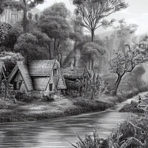 Prompt: elfish architecture, village, by the river, smooth, lots of vegetation and trees, very high detail, intrinsic, soft lighting