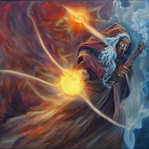 Image similar to A wizard fighting the forces of evil, hyperrealistic, award winning painting