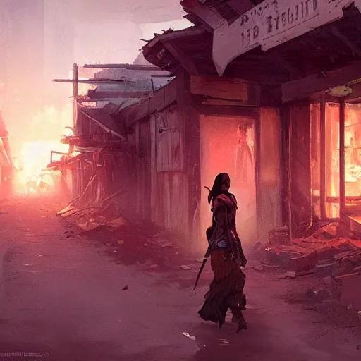 Prompt: old west concept art by greg rutkowski, wonder woman walking through a desolate town with broken down shops and a saloon, enigmatic atmosphere, beautiful and cinematic lighting, artstation hq.