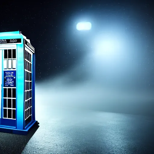 Image similar to a hyperdetailed photograph of the tardis sat on a futuristic street corner, night, dense fog, rain, hd, 8 k resolution