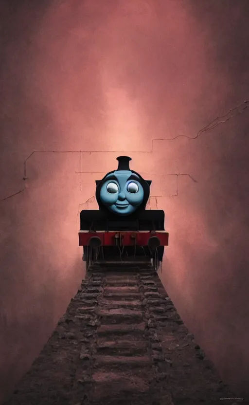 Image similar to thomas the tank engine in style of zdzisław beksinski, extremely dramatic lighting, 8 k, tendrils, black, darkness, black slime tendrils, infected, rust, body horror, thomas the train, thomas the tank engine face, horror,