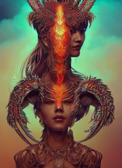 Prompt: a wlop 3 d portrait of a goddess, 8 k micro details beautiful intricate highly detailed quetzalcoatl skull and feathers. fire, galaxy, artwork by tooth wu and wlop and beeple and greg rutkowski, trending on artstation,